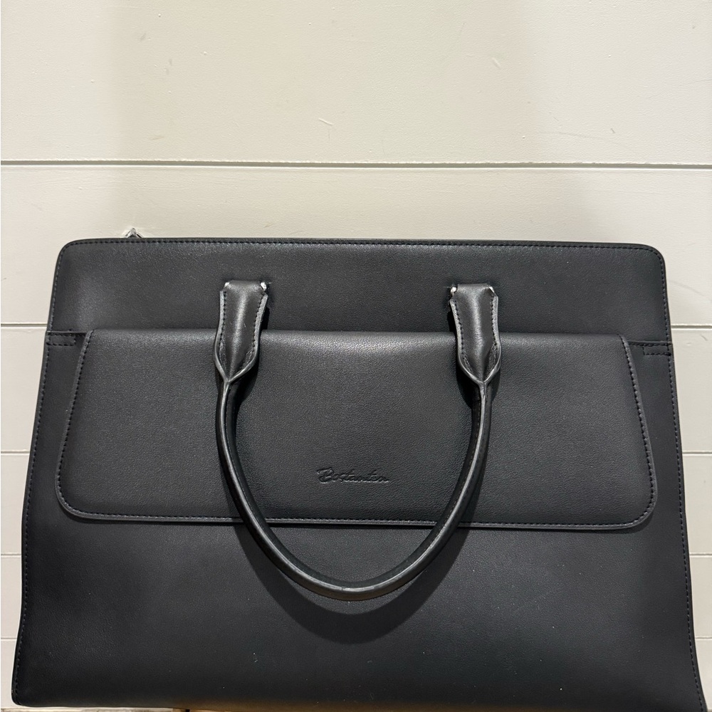 Bostanten Leather Laptop Work Bag - Black/Red Detail